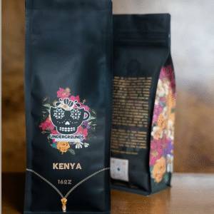 black coffee bag with Undergrounds Coffee logo.