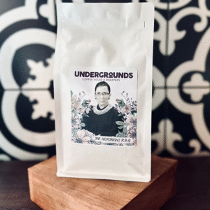 Ruth Bader Ginsberg on a coffee bag.
