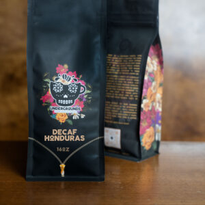 black coffee bag with Undergrounds Coffee logo.