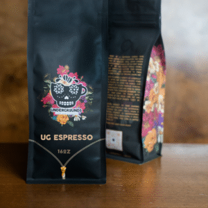 black coffee bag with Undergrounds Coffee logo.