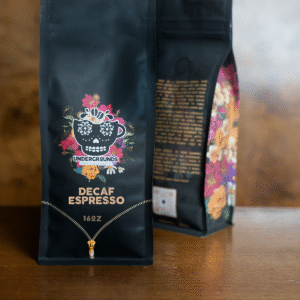 black coffee bag with Undergrounds Coffee logo.
